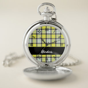Custom name yellow plaid pattern pocket watch