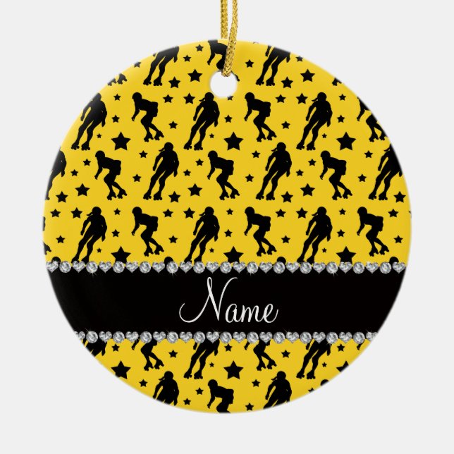 Custom name yellow roller derby stars ceramic ornament (Front)