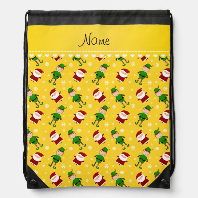 Custom name yellow santa elves snowflakes drawstring bag (Front)