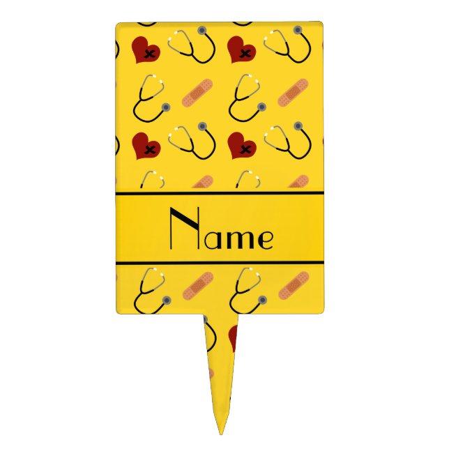 Custom name yellow stethoscope bandage heart cake topper (Front)