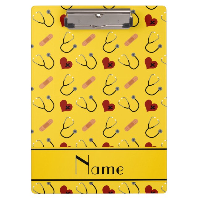 Custom name yellow stethoscope bandage heart clipboard (Front)