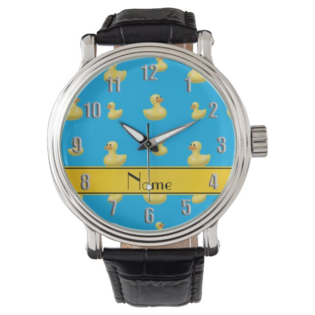 Custom name yellow stripe sky blue rubber duck watch (Front)