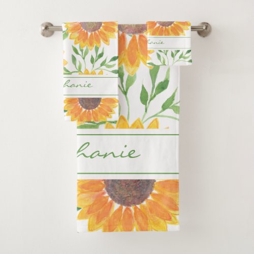 Custom Name Yellow Sunflower  Bath Towel Set