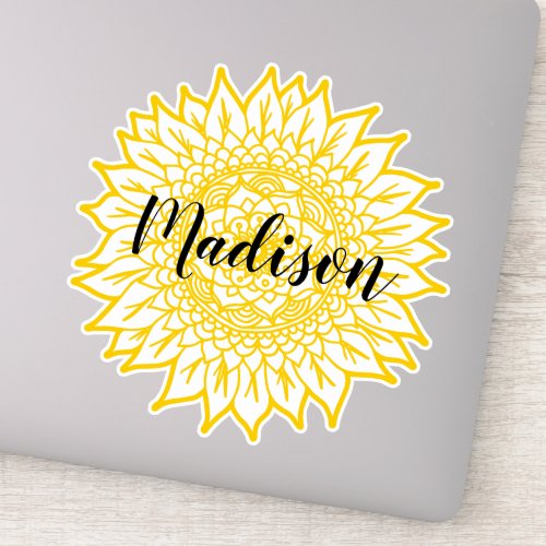 Custom Name Yellow Sunflower Flower Mandala Sticker