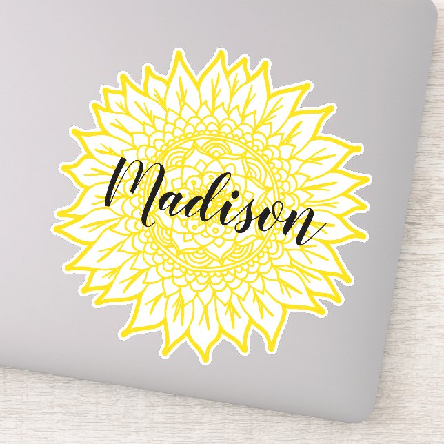Custom Name Yellow Sunflower Flower Mandala Sticker (Detail)