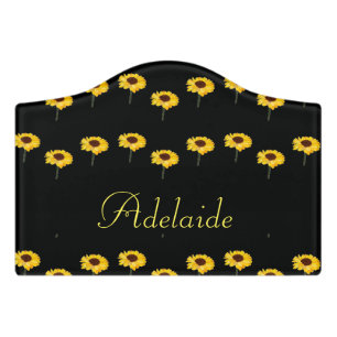 Custom name yellow sunflowers on black door sign