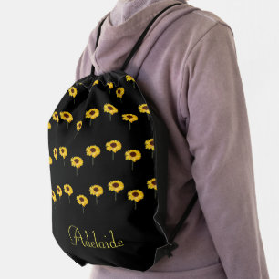Custom name yellow sunflowers on black drawstring bag