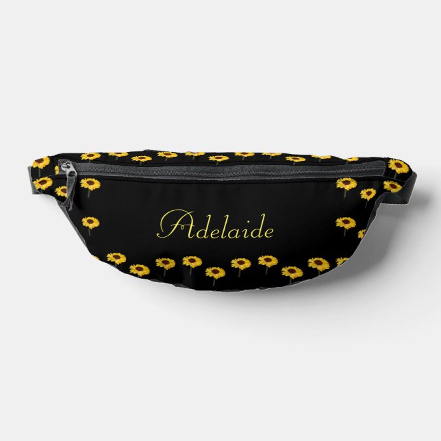 Custom name yellow sunflowers on black fanny pack (Lay Down)