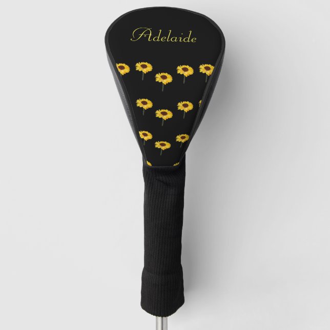 Custom name yellow sunflowers on black golf head cover (Front)