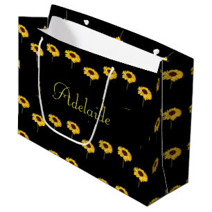 Custom name yellow sunflowers on black large gift bag