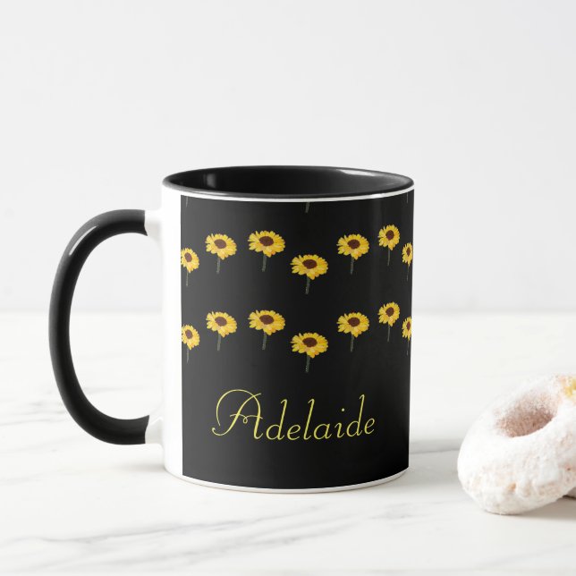 Custom name yellow sunflowers on black mug (With Donut)