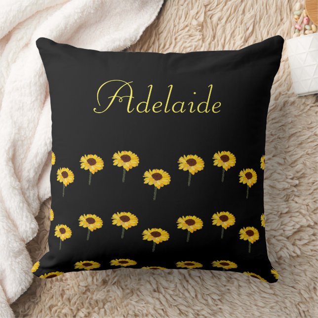 Custom name yellow sunflowers on black throw pillow (Blanket)
