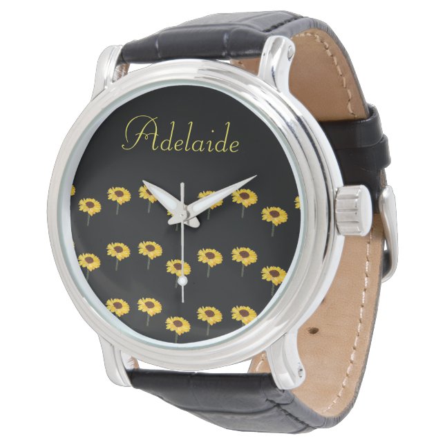 Custom name yellow sunflowers on black watch (Angled)