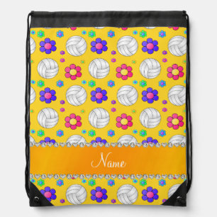 Custom name yellow volleyball rainbow flowers drawstring bag