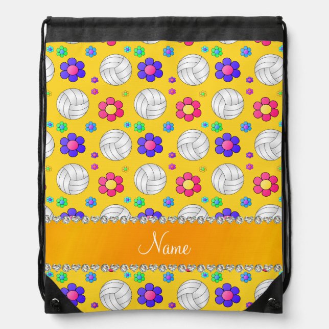 Custom name yellow volleyball rainbow flowers drawstring bag (Front)