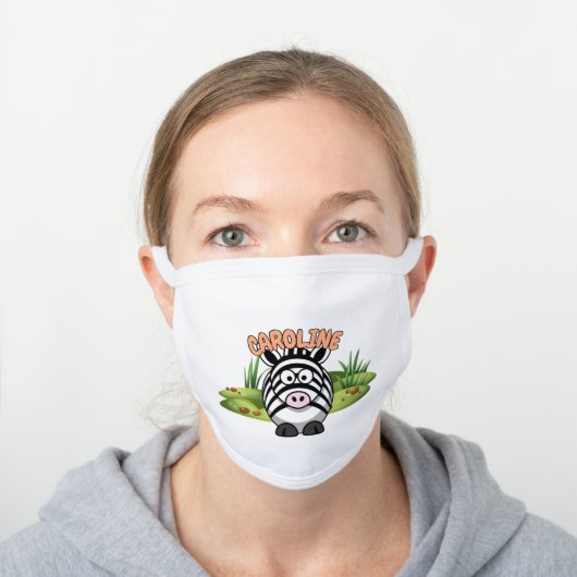Custom Name Zebra Zoo Modern Cartoon Animal White Cotton Face Mask (Worn)