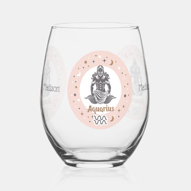 Custom Name Zodiac Sign Aquarius Stemless Wine Glass (Back)