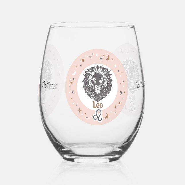 Custom Name Zodiac Sign Leo Stemless Wine Glass (Back)