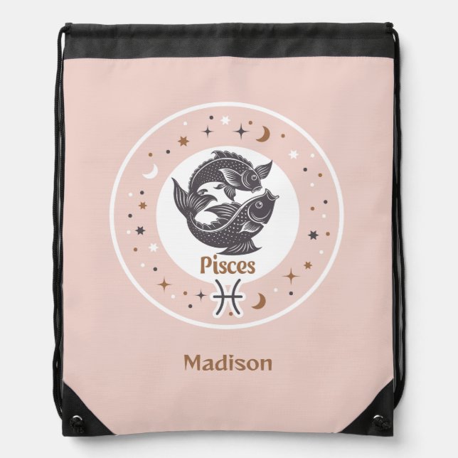Custom Name Zodiac Sign Pisces Drawstring Bag (Front)
