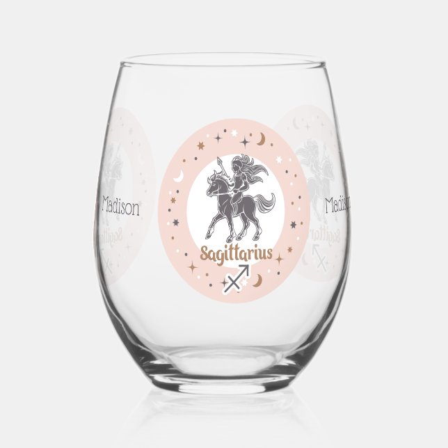 Custom Name Zodiac Sign Sagittarius Stemless Wine Glass (Back)
