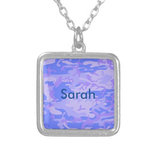 Custom NameCamouflage Pastel Blue Abstract Pattern Silver Plated Necklace