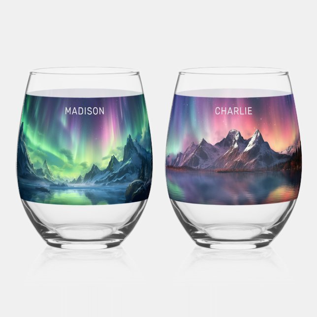 Custom Names Aurora Borealis Stemless Wine Glass (Front)