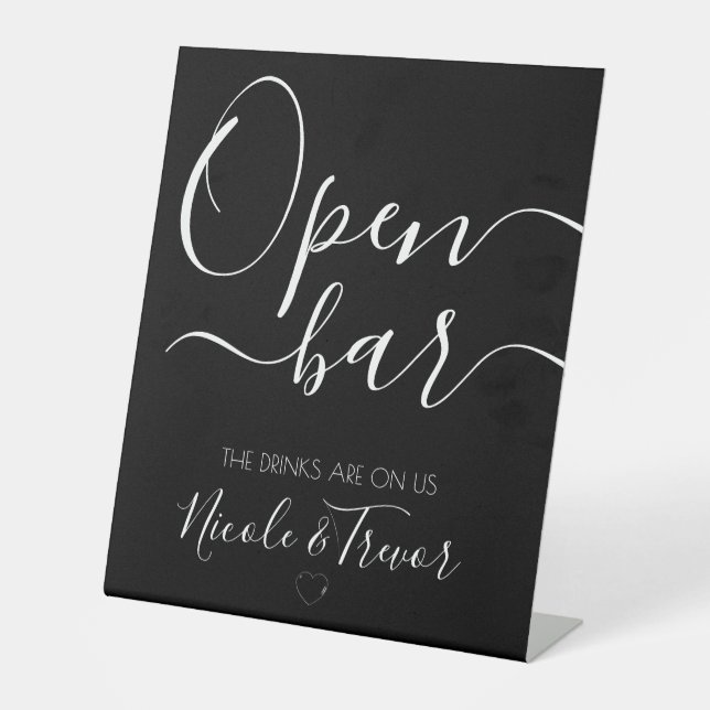 Custom Names Black Calligraphy Open Bar Pedestal Sign (Front)