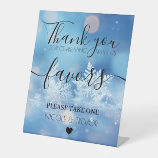 Custom Names Blue Bokeh Snowflakes Favors Wedding Pedestal Sign