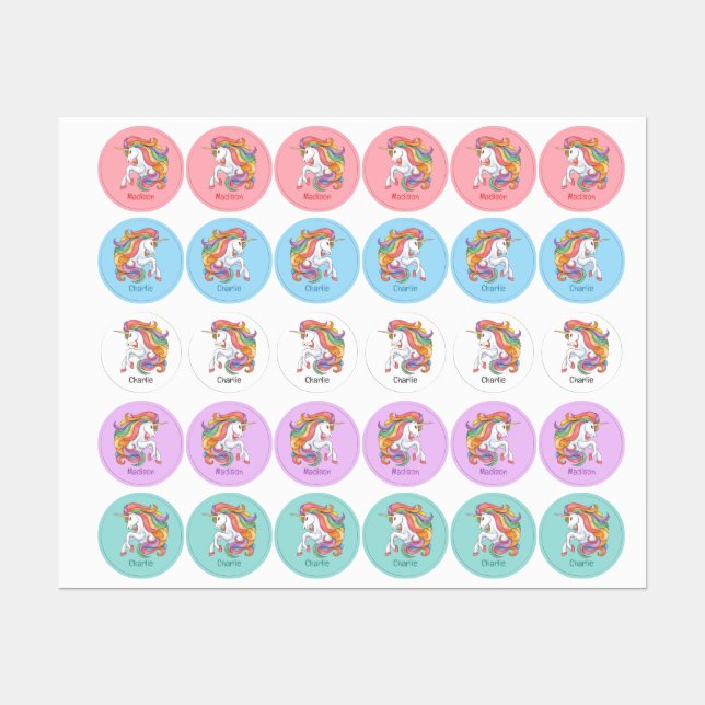 Custom Names Colorful Unicorn Labels (Sheet)