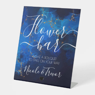 Custom Names Dark Blue Gold Calligraphy Flower Bar Pedestal Sign