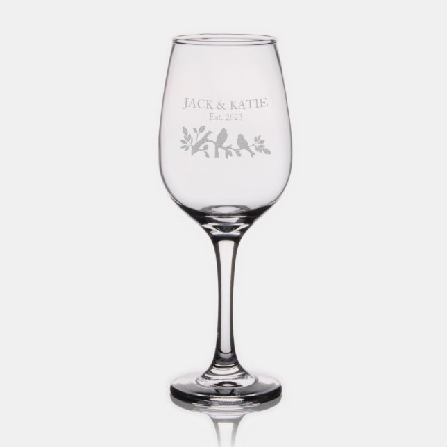 Custom names date love birds template wedding wine glass (Glassware)