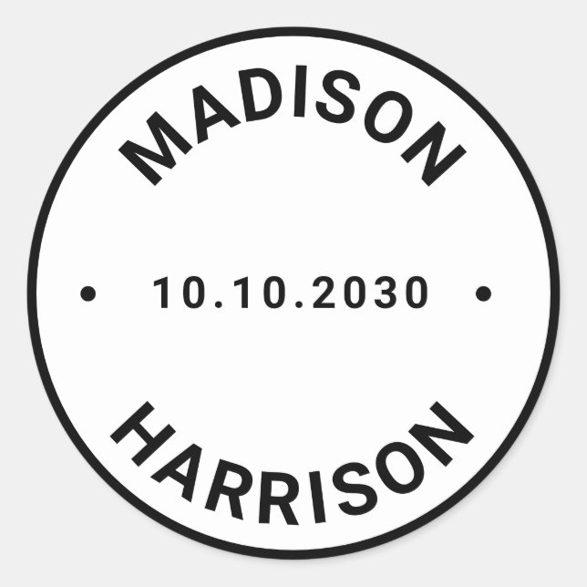 Custom names date round seal wedding favor sticker (Front)