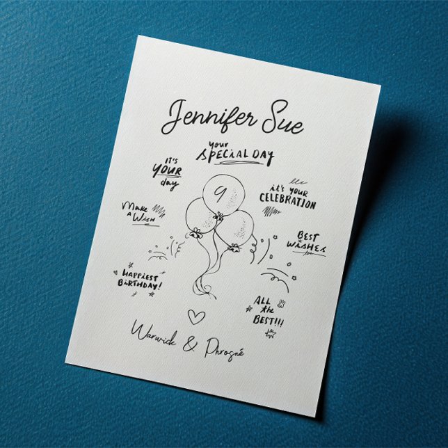 Custom Names Doodle Modern Balloon Birthday Card (Creator Uploaded)