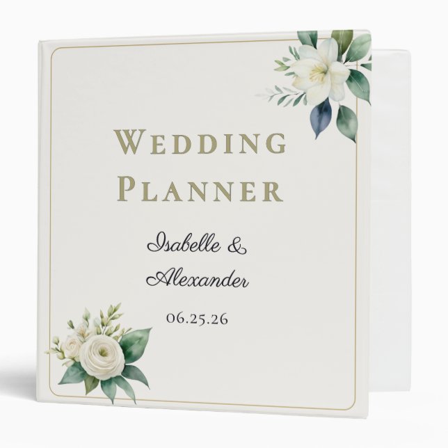 Custom Names Elegant Floral Wedding Planning 3 Ring Binder (Front/Inside)