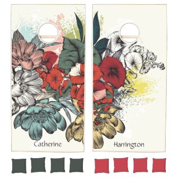 Custom Names Flower Illustration Cornhole Set by PizzaRiia at Zazzle