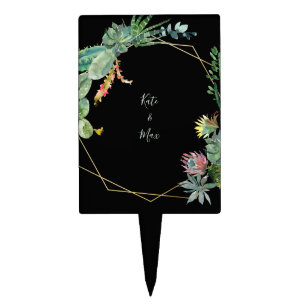 Custom Names Geometric Cacti Wedding Black Cake Topper