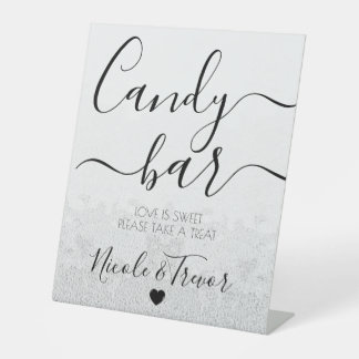Custom Names Grey Texture Wedding Candy Bar Pedestal Sign