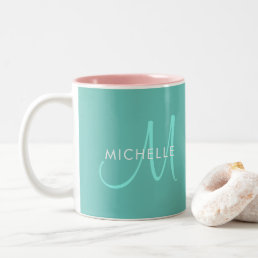 Custom Names Initial Monogram Light Teal Template Two-Tone Coffee Mug
