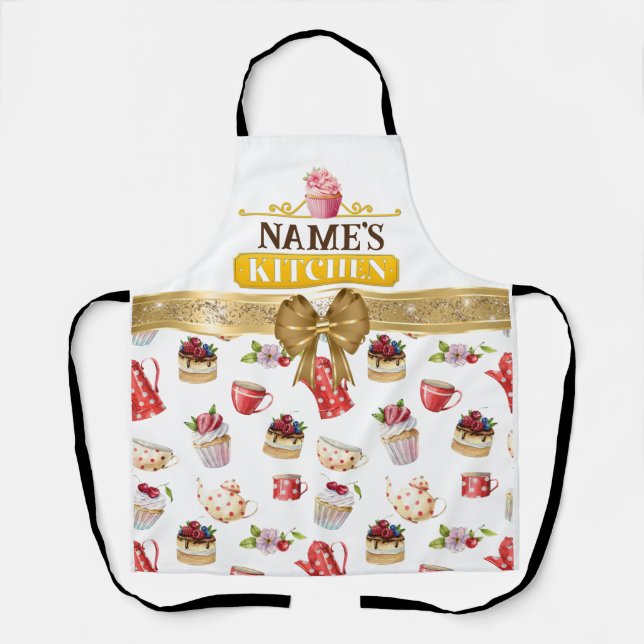 Custom Name's kitchen and watercolor Pink cupcake Apron (Front)