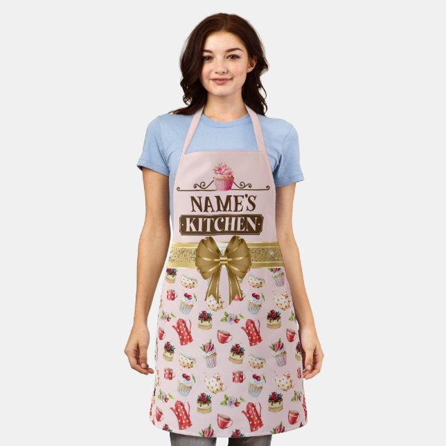 Custom Name's kitchen and watercolor Pink cupcake Apron (Worn)