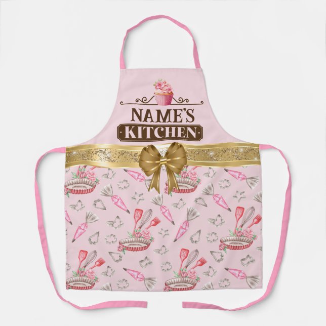 Custom Name's kitchen, Baking tool, and Gold Bow Apron (Front)