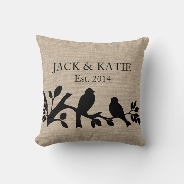 Custom names linen burlap rustic jute love birds throw pillow (Front)