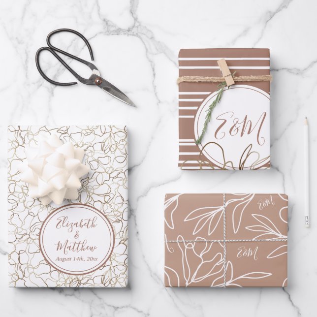 Custom Names Mocha Mousse Brown Wedding Wrapping Paper Sheets (Front)
