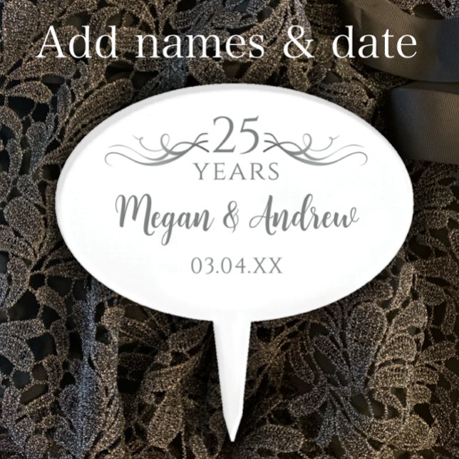 Custom Names Modern 25th Wedding Anniversary Party Cake Topper (Personalize this simple elegant cake topper with couples names and 25th wedding anniversary date)