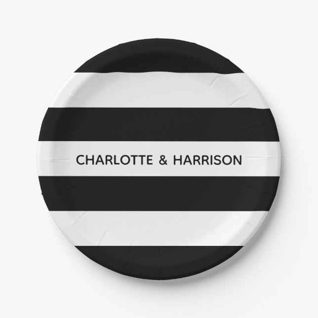 Custom names monogram black and white stripes paper plates (Front)