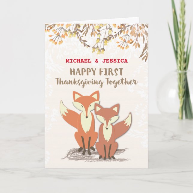 Custom Names Newlyweds 1st Thanksgiving Foxes Holiday Card (Front)
