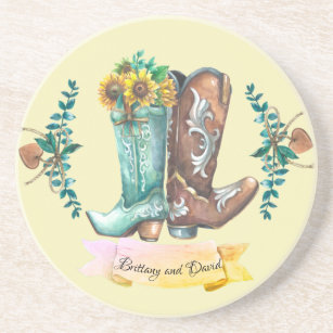 Custom names Newlyweds Rustic Cowboy Boots   Coaster