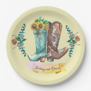 Custom names Newlyweds Rustic Cowboy Boots Paper Plates