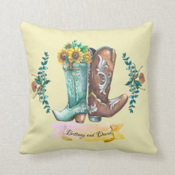 Custom Names Newlyweds Rustic Cowboy Boots  Throw Pillow by Differentcorners at Zazzle