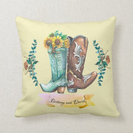 Custom Names Newlyweds Rustic Cowboy Boots  Throw Pillow